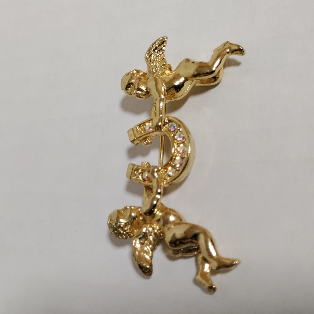 Kirk's Folly Vintage Brooch Pin Angel Horseshoe Gold Tone With Rhinestone Brooch